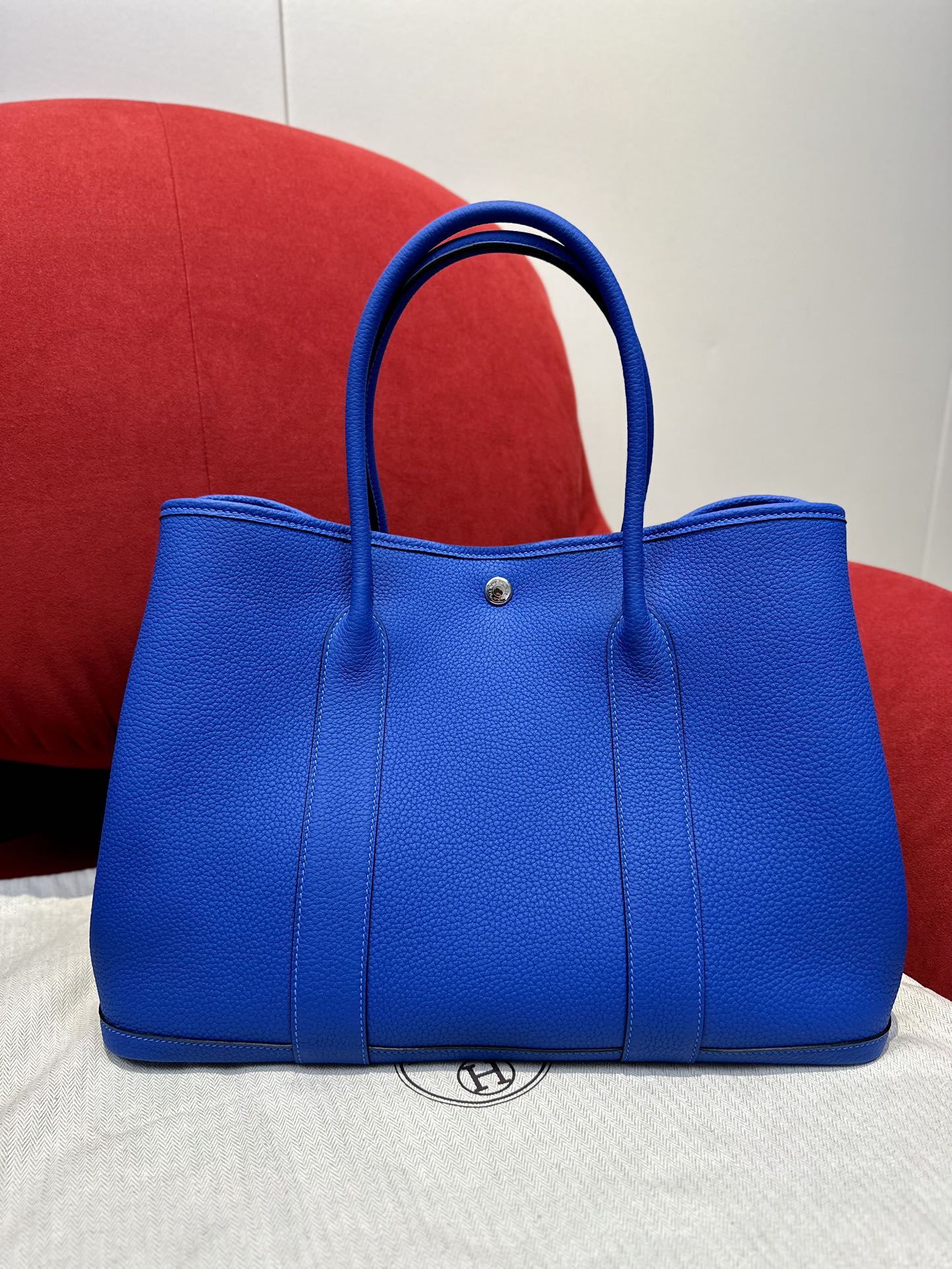 Hermes Garden Party 30cm Tote Handbag In Blue Clemence Leather